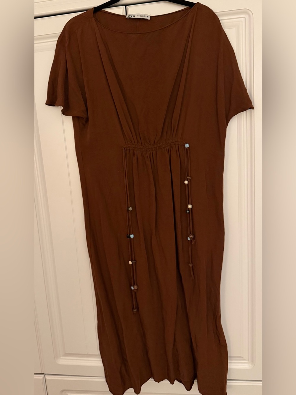 Zara Rust Brown Midi Dress Boho Drawstring Waist Linen Blend Size L